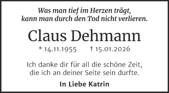 Traueranzeige von Claus Dehmann von Trauerkombi Bernburg