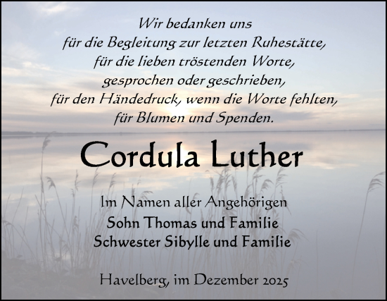 Traueranzeige von Cordula Luther von Volksstimme Altmark Ost