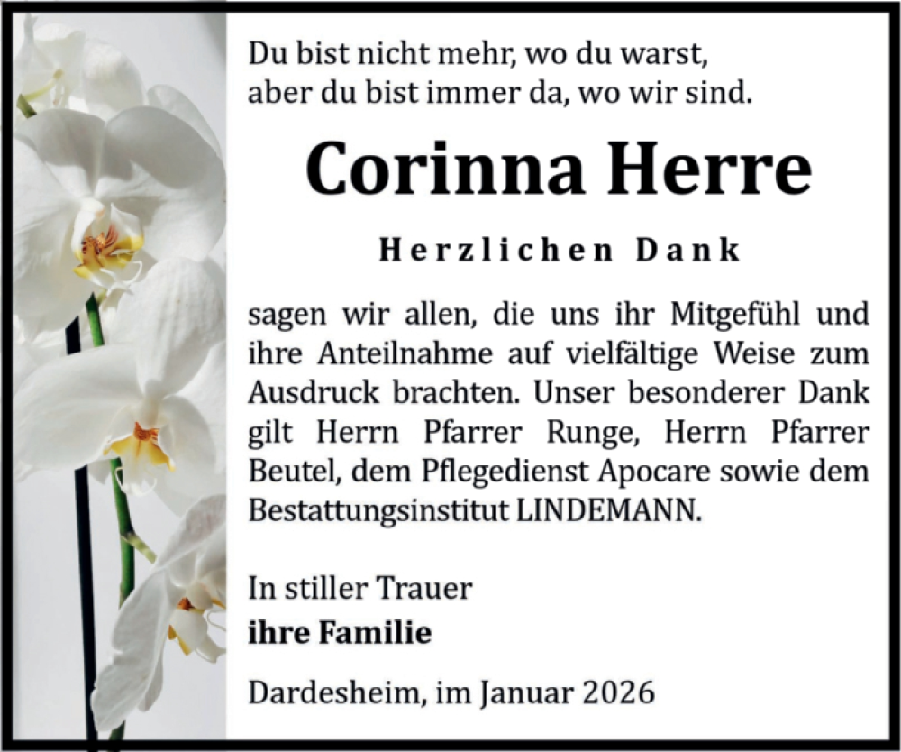  Traueranzeige für Corinna Herre vom 24.01.2026 aus Volksstimme Halberstadt