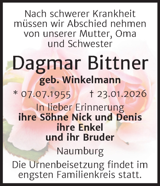 Traueranzeige von Dagmar Bittner von Super Sonntag Naumburg/Nebra