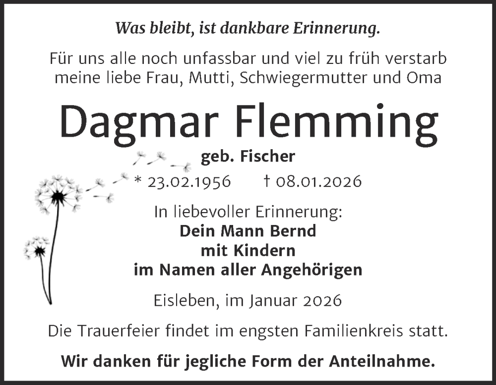  Traueranzeige für Dagmar Flemming vom 24.01.2026 aus Trauerkombi Mansfelder Land