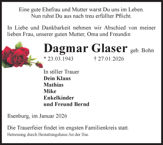 Traueranzeige von Dagmar Glaser von Volksstimme Wernigerode