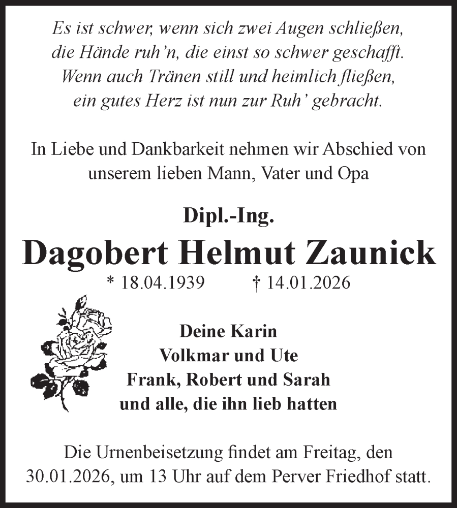  Traueranzeige für Dagobert Helmut Zaunick vom 23.01.2026 aus Volksstimme Altmark West