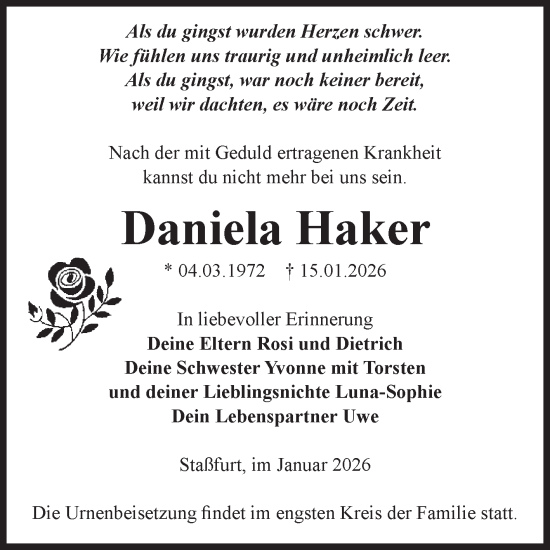 Traueranzeige von Daniela Haker von Volksstimme Staßfurt