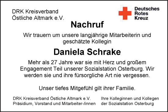 Traueranzeige von Daniela Schrake von Volksstimme Altmark Ost