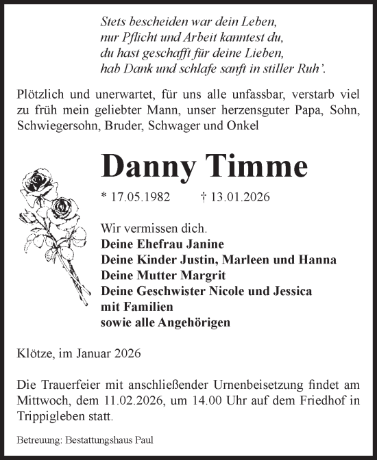 Traueranzeige von Danny Timme von Volksstimme Altmark West