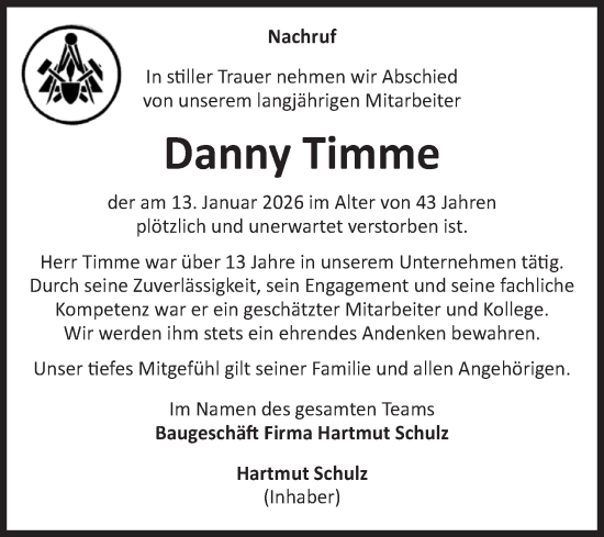 Traueranzeige von Danny Timme von Volksstimme Altmark West
