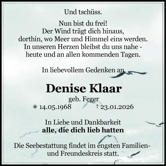 Traueranzeige von Denise Klaar von Volksstimme Altmark Ost