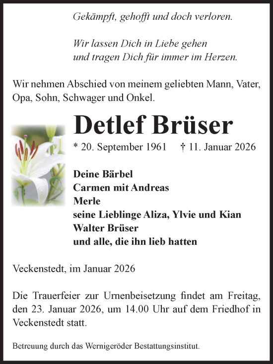 Traueranzeige von Detlef Brüser von Volksstimme Wernigerode