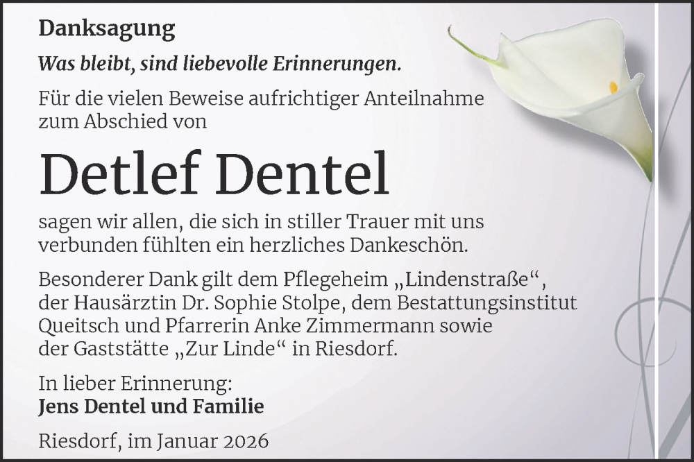 Traueranzeige für Detlef Dentel vom 24.01.2026 aus Trauerkombi Köthen