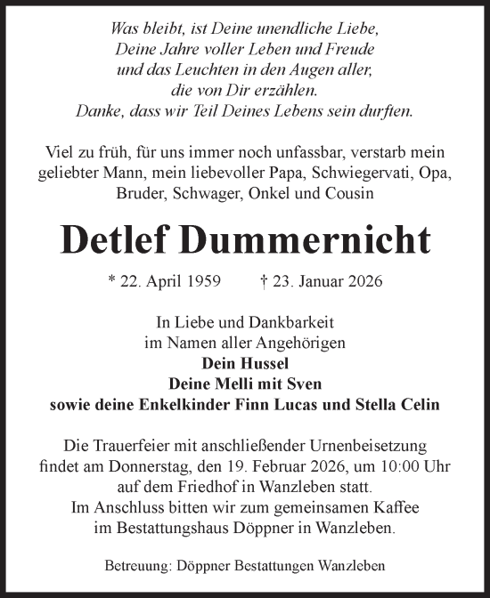 Traueranzeige von Detlef Dummernicht von Volksstimme Oschersleben/Wanzleben
