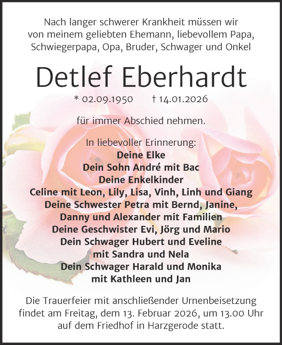 Traueranzeige von Detlef Eberhardt von Trauerkombi Mansfelder Land