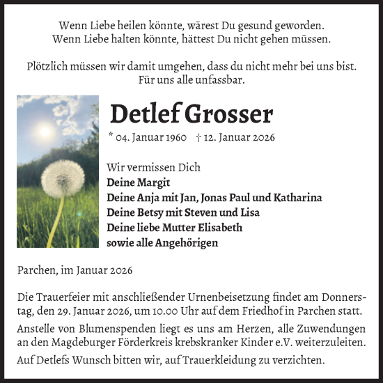 Traueranzeige von Detlef Grosser von Volksstimme Burg/Genthin