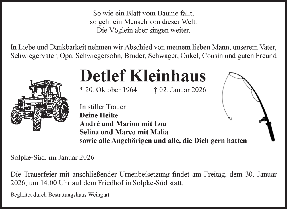  Traueranzeige für Detlef Kleinhaus vom 10.01.2026 aus Volksstimme Altmark West