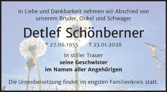 Traueranzeige von Detlef Schönberner von Trauerkombi Bernburg