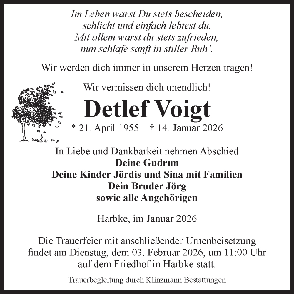  Traueranzeige für Detlef Voigt vom 24.01.2026 aus Volksstimme Oschersleben/Wanzleben