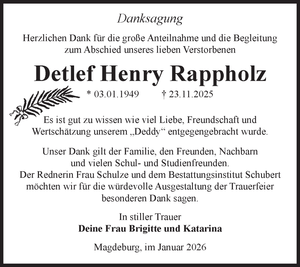  Traueranzeige für Detlef Henry Rappholz vom 24.01.2026 aus Volksstimme Magdeburg