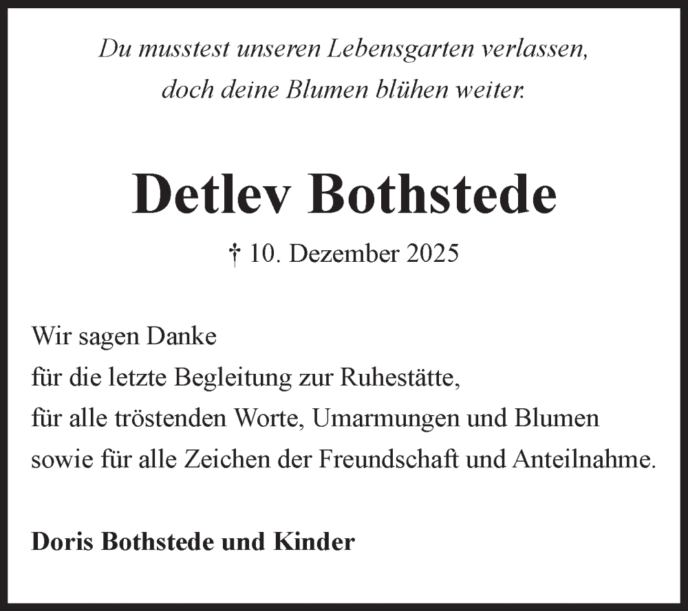  Traueranzeige für Detlev Bothstede vom 03.01.2026 aus Volksstimme Altmark Ost