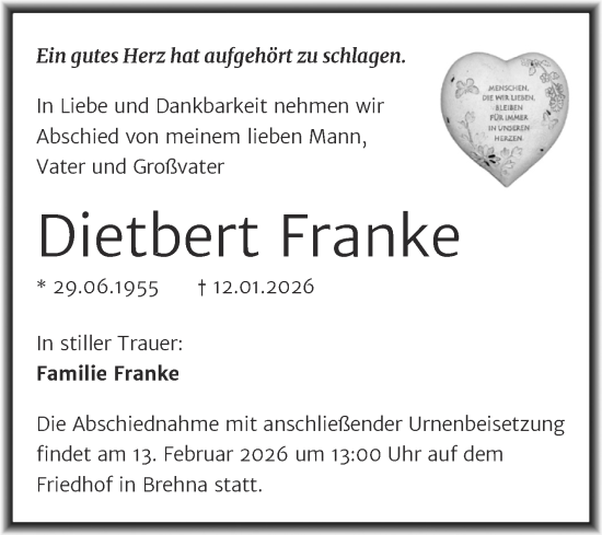 Traueranzeige von Dietbert Franke von Trauerkombi Bitterfeld