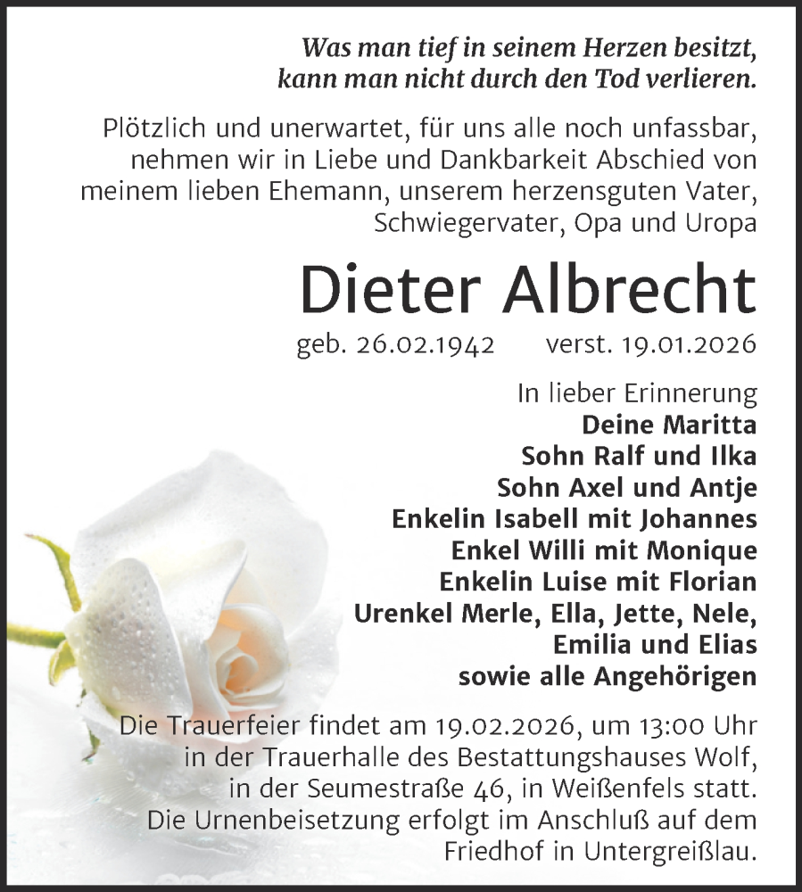  Traueranzeige für Dieter Albrecht vom 31.01.2026 aus Trauerkombi Weißenfels