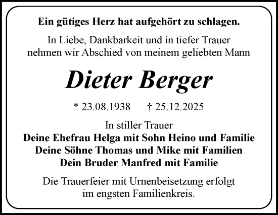 Traueranzeige von Dieter Berger von Trauerkombi Bitterfeld