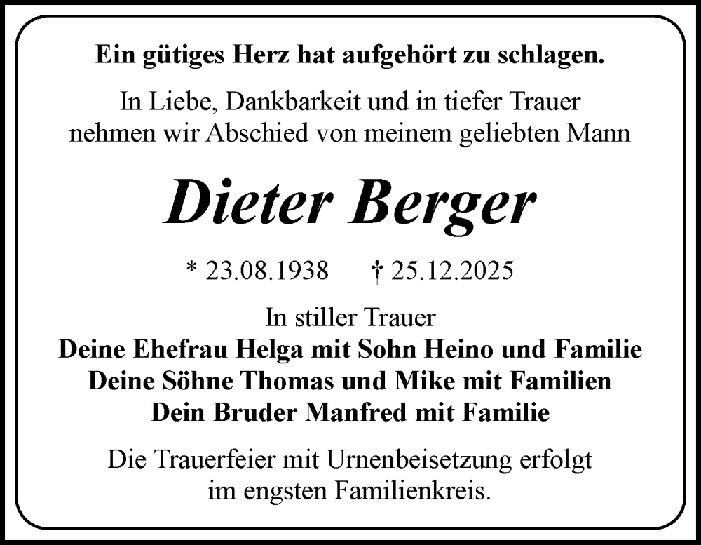  Traueranzeige für Dieter Berger vom 10.01.2026 aus Trauerkombi Bitterfeld