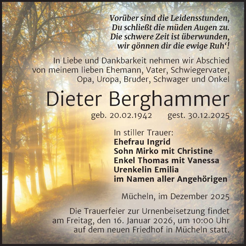  Traueranzeige für Dieter Berghammer vom 10.01.2026 aus Trauerkombi Merseburg