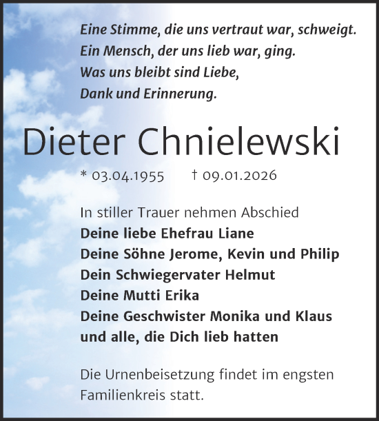 Traueranzeige von Dieter Chnielewski von Trauerkombi Wittenberg