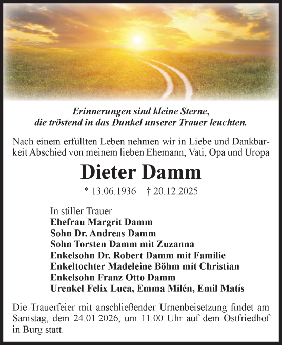 Traueranzeige von Dieter Damm von Volksstimme Burg/Genthin