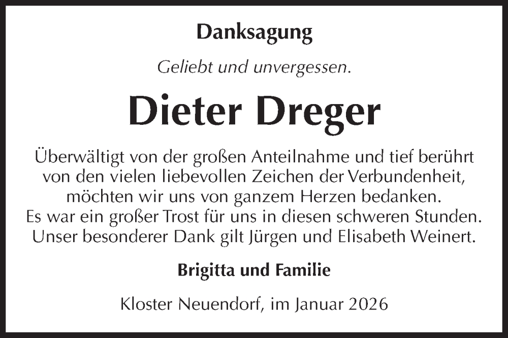  Traueranzeige für Dieter Dreger vom 24.01.2026 aus Volksstimme Altmark West