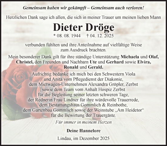 Traueranzeige von Dieter Dröge von Volksstimme Zerbst