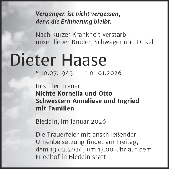 Traueranzeige von Dieter Haase von Trauerkombi Wittenberg