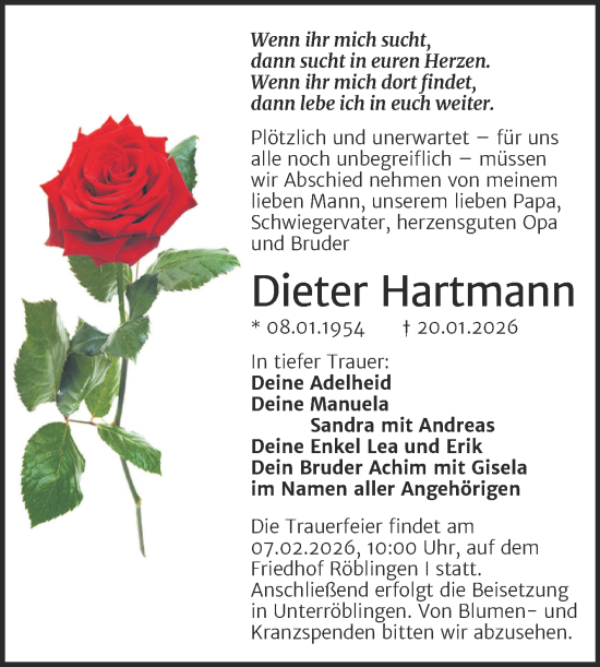 Traueranzeige von Dieter Hartmann von Trauerkombi Mansfelder Land