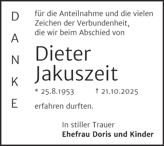 Traueranzeige von Dieter Jakuszeit von Super Sonntag Naumburg/Nebra