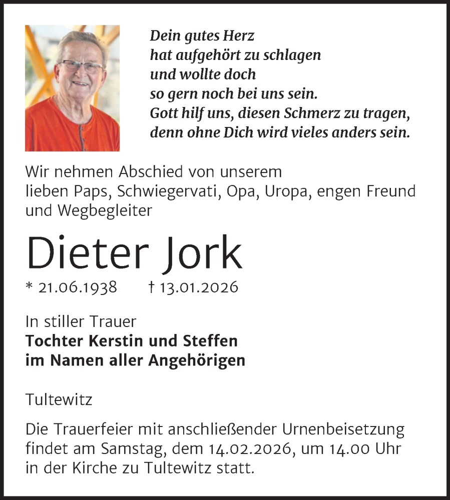  Traueranzeige für Dieter Jork vom 30.01.2026 aus Naumburger Tageblatt