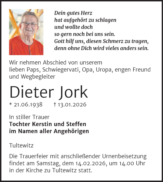 Traueranzeige von Dieter Jork von Naumburger Tageblatt