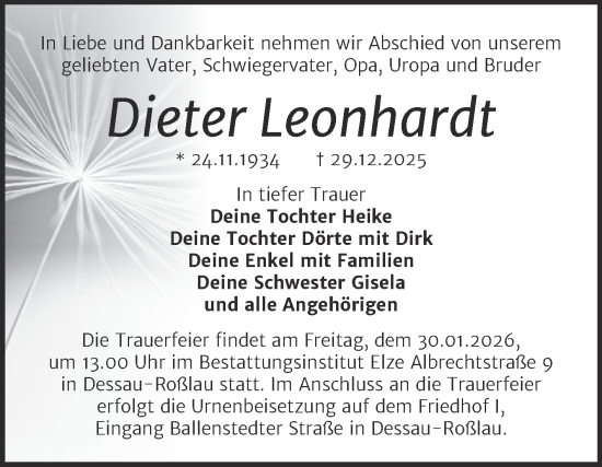 Traueranzeige von Dieter Leonhardt von Trauerkombi Dessau