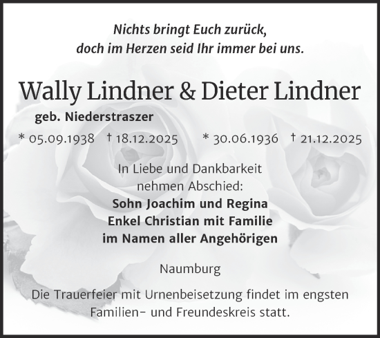 Traueranzeige von Dieter Lindner von Super Sonntag Naumburg/Nebra