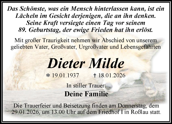 Traueranzeige von Dieter Milde von Trauerkombi Dessau