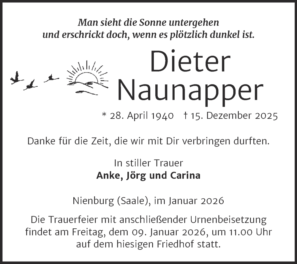  Traueranzeige für Dieter Naunapper vom 03.01.2026 aus Trauerkombi Bernburg
