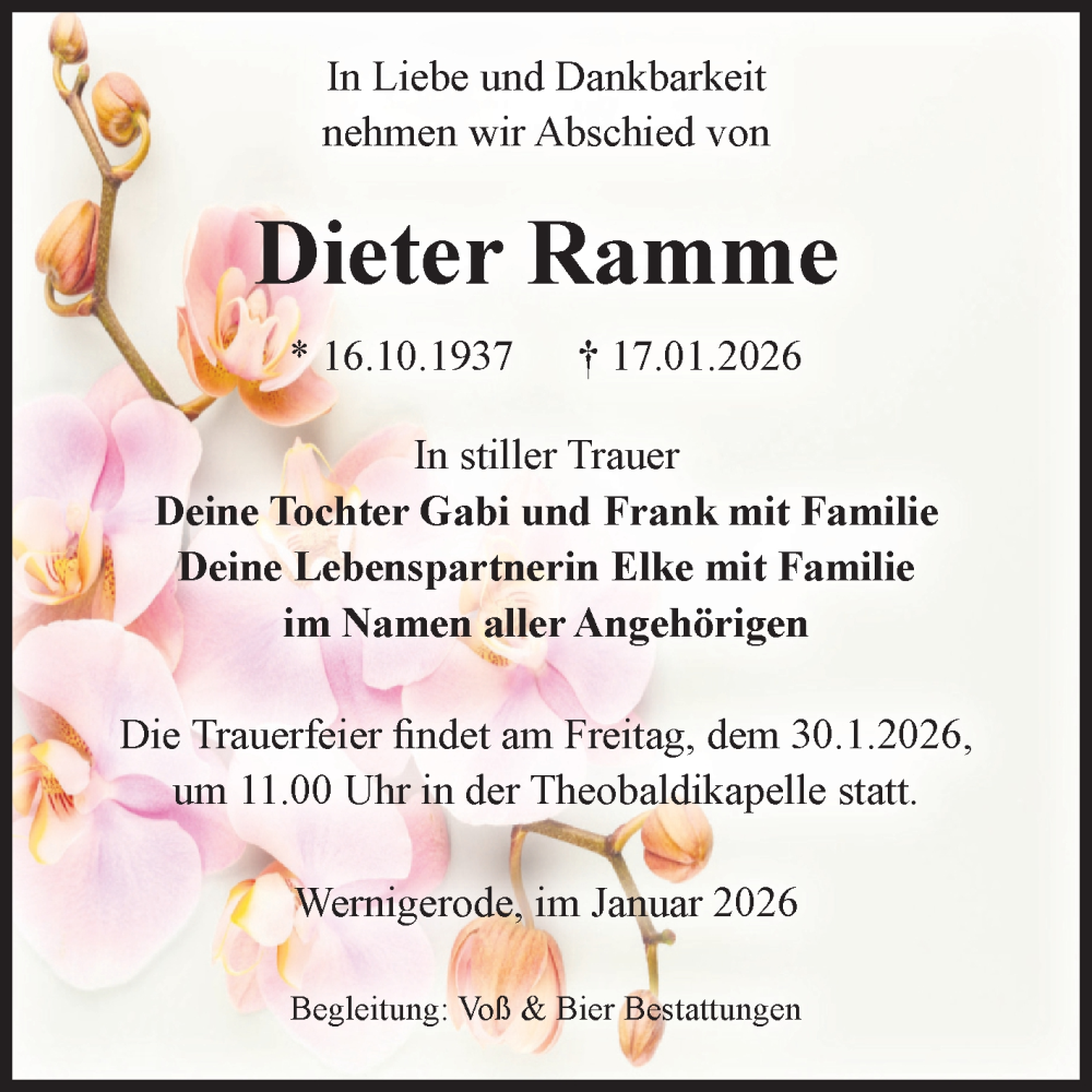  Traueranzeige für Dieter Ramme vom 24.01.2026 aus Volksstimme Wernigerode