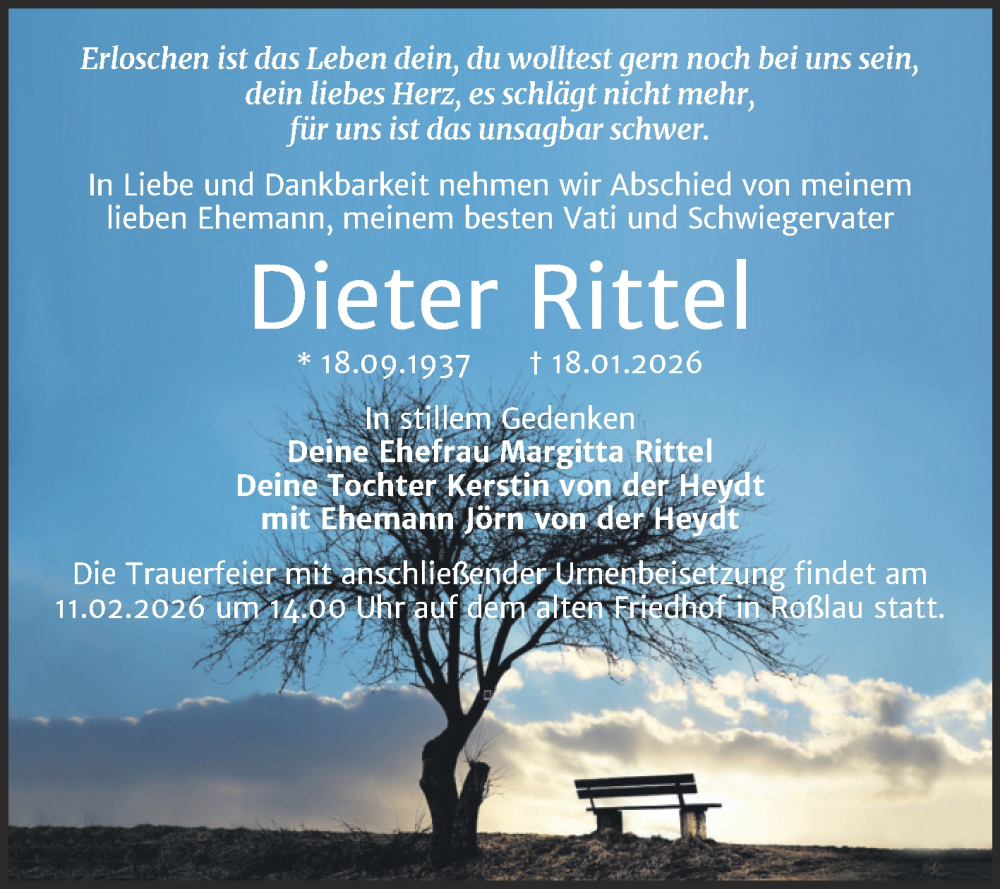  Traueranzeige für Dieter Rittel vom 24.01.2026 aus Trauerkombi Dessau
