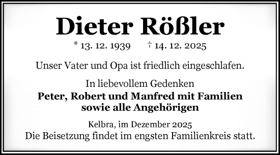 Traueranzeige von Dieter Rößler von Trauerkombi Sangerhausen