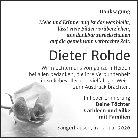 Traueranzeige von Dieter Rohde von Trauerkombi Sangerhausen
