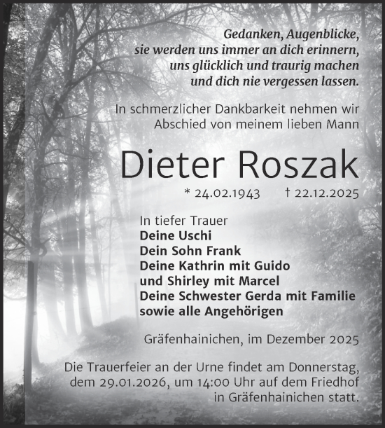 Traueranzeige von Dieter Roszak von Trauerkombi Wittenberg