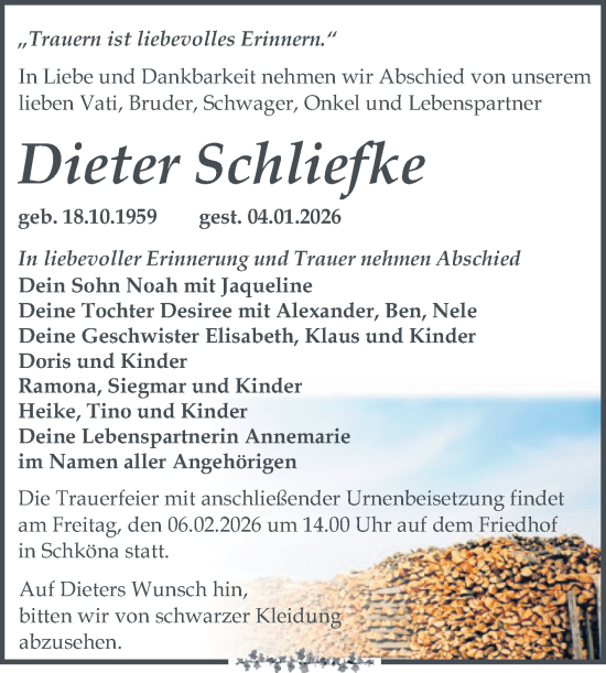 Traueranzeige von Dieter Schliefke von Trauerkombi Wittenberg