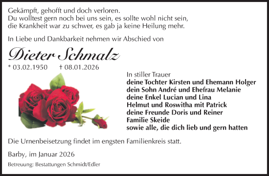 Traueranzeige von Dieter Schmalz von Volksstimme Schönebeck