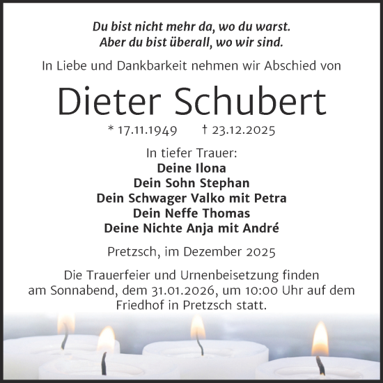 Traueranzeige von Dieter Schubert von Trauerkombi Wittenberg