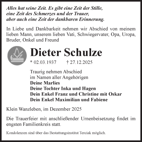 Traueranzeige von Dieter Schulze von Volksstimme Oschersleben/Wanzleben