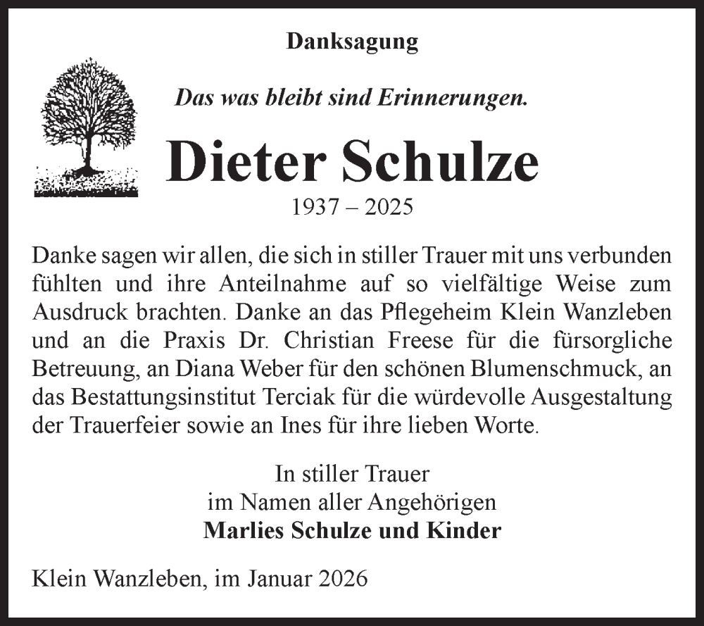  Traueranzeige für Dieter Schulze vom 24.01.2026 aus Volksstimme Oschersleben/Wanzleben